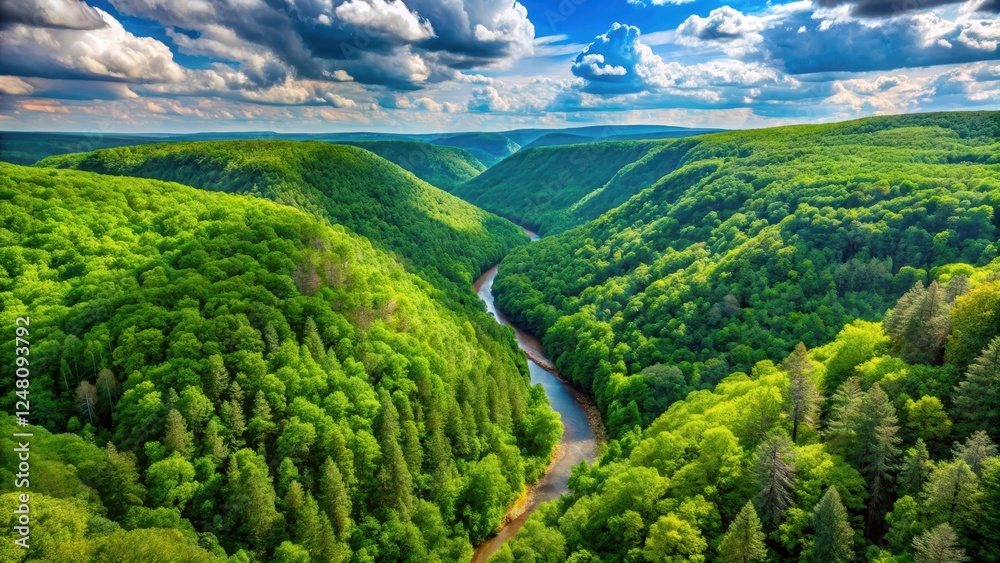 Obraz premium Panoramic view of Pine Creek Gorge in Pennsylvania with lush greenery and towering trees, pine, freshair, pine