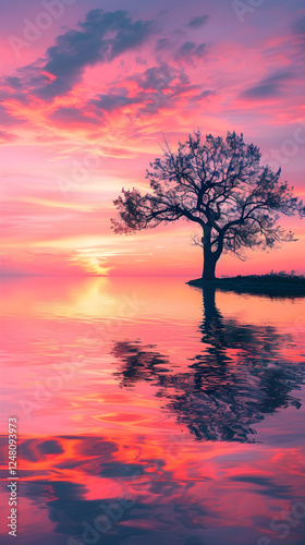 Serene Lakeside Sunset with Silhouetted Tree: Perfect Template for Nature and Travel Enthusiasts