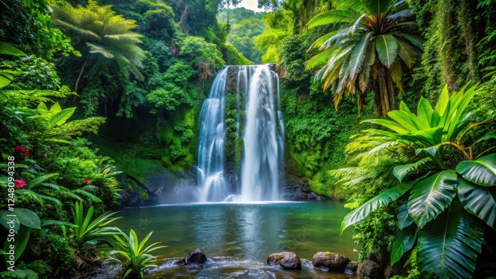 waterfall in dense foliage, greenery, tropical, greenery, tropical, isolated,jungle, vegetation waterfall in dense foliage, greenery, tropical, greenery, tropical, isolated,jungle, vegetation