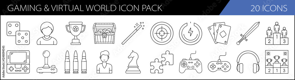 Fototapeta premium Gaming and Virtual World Icon Pack Collection - A set of 20 simple, line-style icons representing gaming, virtual worlds, and interactive elements for use in digital design.