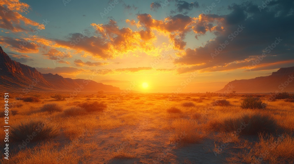 Naklejka premium A Majestic Sunrise Over the Tranquil Desert: Captivating Beauty of Nature's Glow