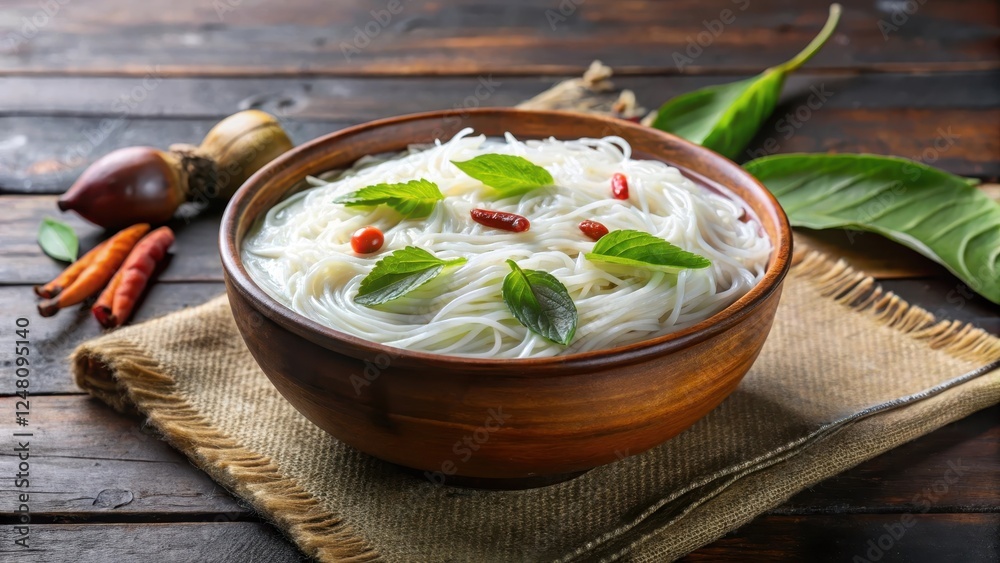 Idiyappam with aromatic coconut milk served in a traditional bowl Idiyappam with aromatic coconut milk served in a traditional bowl