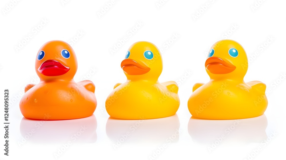 Group of three colorful yellow rubber ducks arranged in a neat row on a bright white surface creating a cheerful and minimalistic still life composition Group of three colorful yellow rubber ducks arranged in a neat row on a bright white surface creating a cheerful and minimalistic still life composition