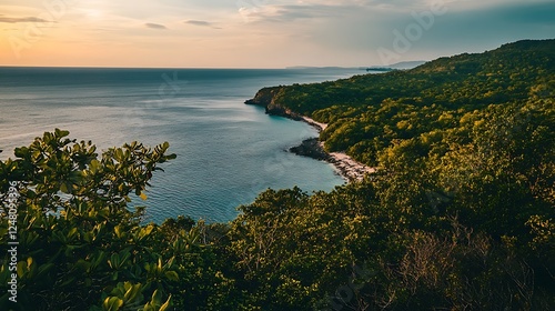 Sunset Over Lush Coastal Forest And Ocean
