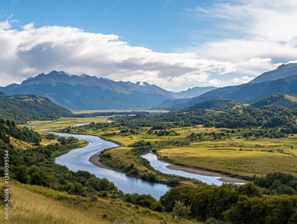 Obraz premium Serene river winding through lush green valley and mountain range under blue sky