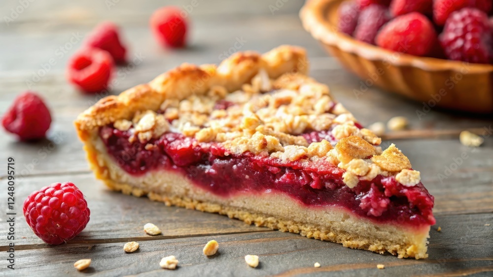 Crunchy oat and almond topping on a warm slice of raspberry pie , breakfast, almonds, breakfast, almonds Crunchy oat and almond topping on a warm slice of raspberry pie , breakfast, almonds, breakfast, almonds