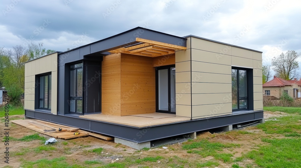 Modern house under construction with a wooden porch and large windows. Modern house under construction with a wooden porch and large windows.