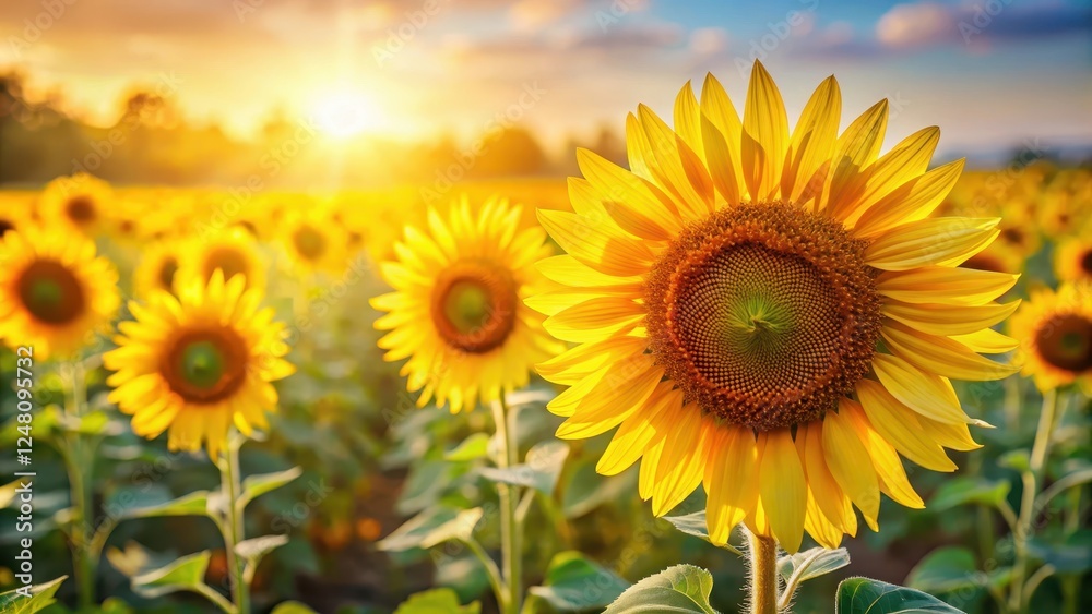 Bright yellow sunflowers standing tall in a field with a blurred sunny background, showcasing their vibrant petals and stately demeanor , flowers, bright yellow Bright yellow sunflowers standing tall in a field with a blurred sunny background, showcasing their vibrant petals and stately demeanor , flowers, bright yellow