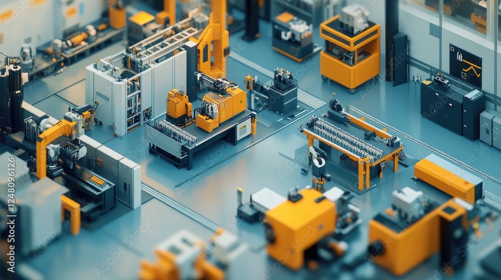A bird's eye view of a microfactory assembly line, where 3D-printed parts are carefully organized, and machinery in the background adjusts to meet production needs. A bird's eye view of a microfactory assembly line, where 3D-printed parts are carefully organized, and machinery in the background adjusts to meet production needs.