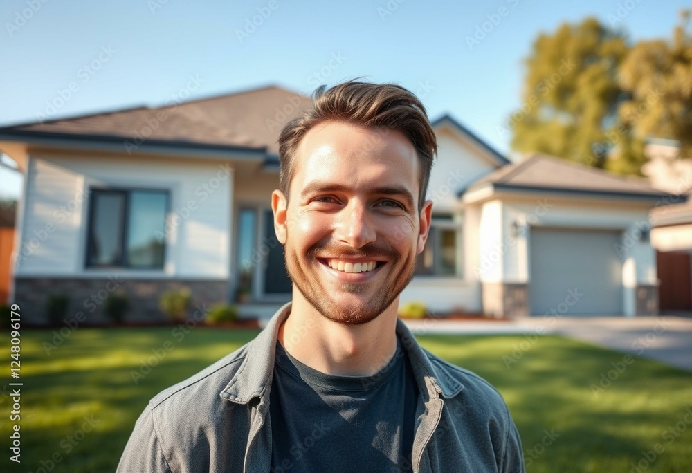 Fototapeta premium Happy male portrait in front of a private house