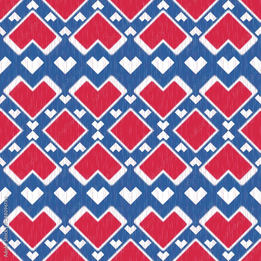 Abstract ethnic art, Ikat, Woven fabric pattern in the shape of a red heart, Fabric pattern, Love festival, Cover, Folk embroidery, Wallpaper, Carpet design, Print, Wrap. Abstract ethnic art, Ikat, Woven fabric pattern in the shape of a red heart, Fabric pattern, Love festival, Cover, Folk embroidery, Wallpaper, Carpet design, Print, Wrap.