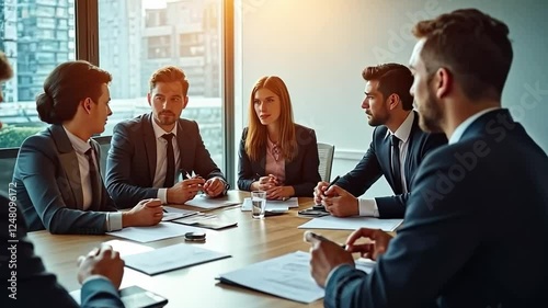 Strategic Dialogue: A dynamic meeting unfolds within a modern, sunlit office, a team of professionals intently engaged in a discussion, conveying collaboration and strategic planning