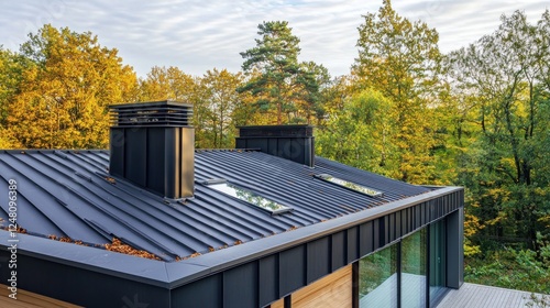 Wallpaper Mural Modern house with a sleek roof, surrounded by colorful autumn trees. Torontodigital.ca