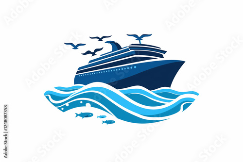 Blue Traveling with Cruise Ship and Wave in the Ocean Sea Sign Symbol Icon Logo Template Design Inspiration