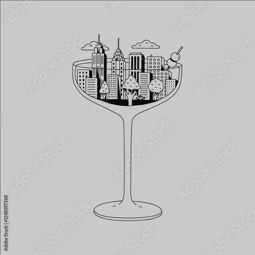A glass of wine with a city skyline in the background. The glass is half full and the city is depicted in a stylized way