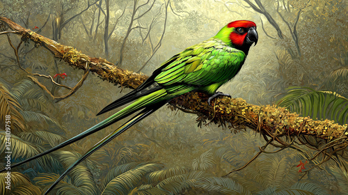 Red and green parrot, Colorful Long-Tailed Parakeet Perched on a Branch in the Jungle