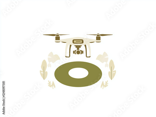 A stylized drone hovering over a designated landing pad, surrounded by nature-inspired elements, blending technology with environmental themes in a modern design.   photo