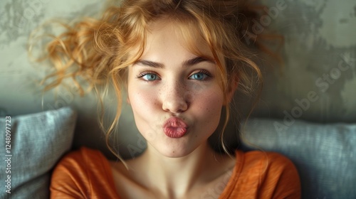 Red-haired young lady making funny face with pouting lips and looking at camera.