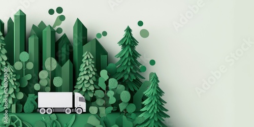 Green paper cut landscape with a white truck amidst trees and hills.
