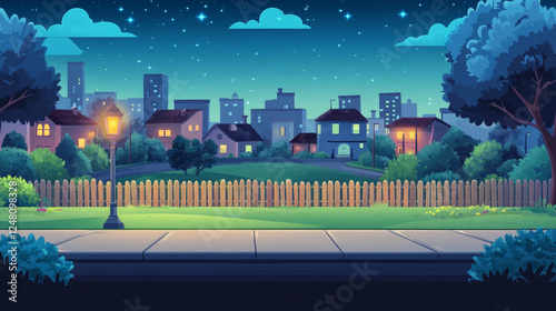 City street with sidewalk, park and buildings behind fence at night. Vector parallax background for 2d animation with cartoon of summer landscape with road, street lights, trees, bushes and town photo