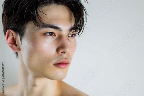 素肌の綺麗な日本人の男性メイクモデルのポートレート（白背景・美肌・透明感）