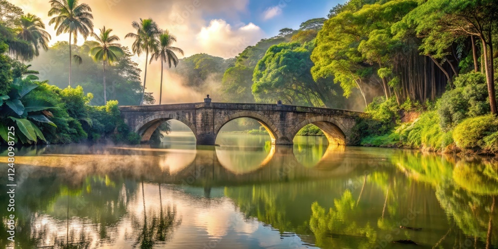 Fototapeta premium Ancient stone bridge spanning serene lake in Palmas, surrounded by lush greenery and towering trees, with a gentle mist rising from the water's surface, picturesque lake, long bridge