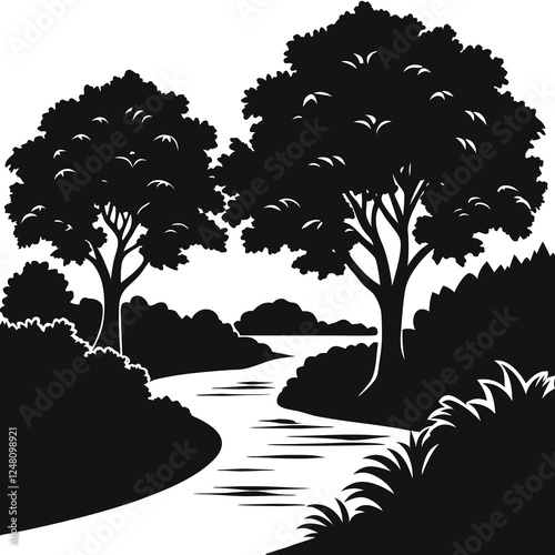 vector of lush riverbank with overhanging trees