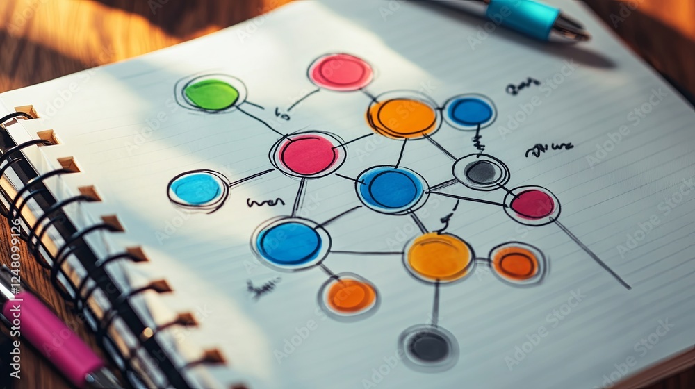 Mind Mapping: A notebook page filled with a colorful mind map connecting various concepts. Mind Mapping: A notebook page filled with a colorful mind map connecting various concepts.