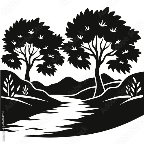 silhouette vector of lush riverbank with overhanging trees