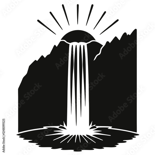 silhouette vector of misty waterfall with sunlight shining through