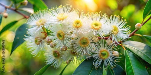 Aromatic Syzygium cumini blossoms on a tree branch, syzygium flowers, tropical flora photo