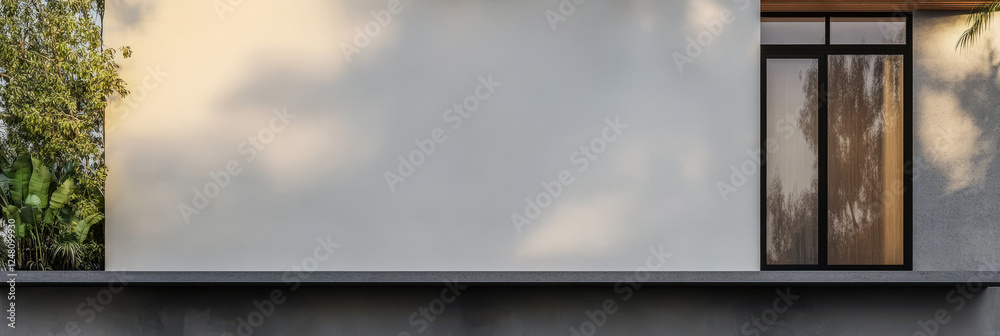 Fototapeta premium Modern minimalist architecture of a house with large window during the day
