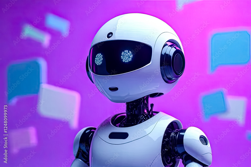 Futuristic AI chatbot with glowing digital eyes, surrounded by floating speech bubbles, vibrant purple background, advanced artificial intelligence, smart assistant, and digital conversation. Futuristic AI chatbot with glowing digital eyes, surrounded by floating speech bubbles, vibrant purple background, advanced artificial intelligence, smart assistant, and digital conversation.