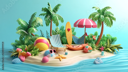 Tropical Beach Scene with Palm Trees and Waves background, beach scene with lounge chairs, drinks, and beach balls for summer vacation, Sunny warm Paradise background for summer.