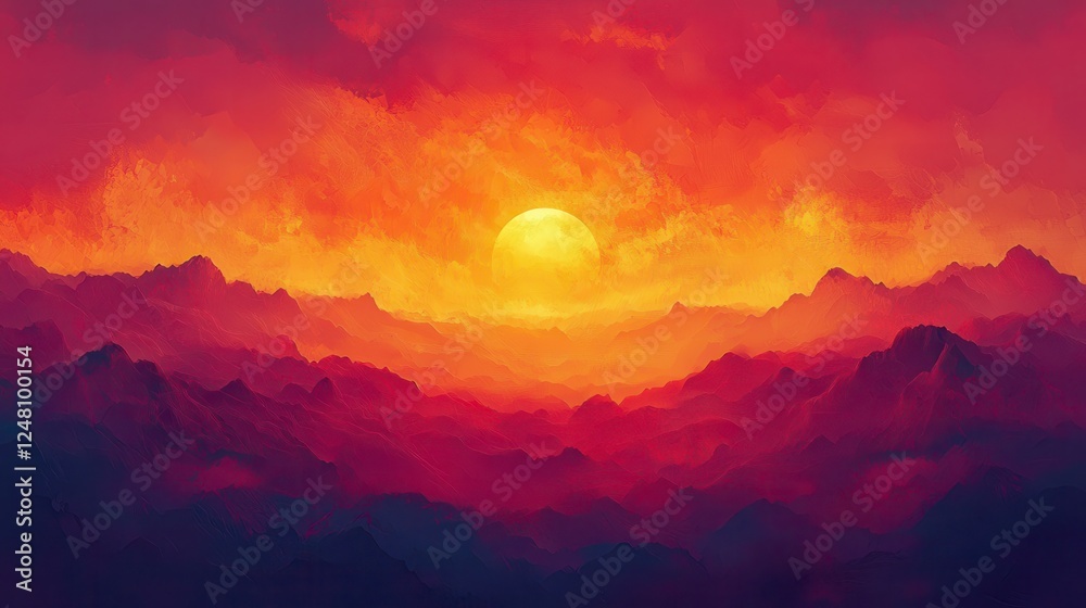 Fototapeta premium Fiery Sunset Over Dark Mountain Range