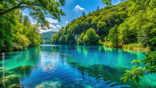 Serene turquoise lake surrounded by lush greenery and towering trees in Plitvice National Park, lakeside scenery, plitvice park