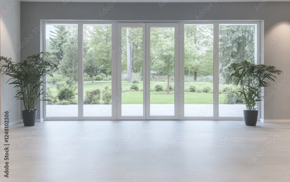 Fototapeta premium Fresh indoor space with large windows offering a view of a serene green garden