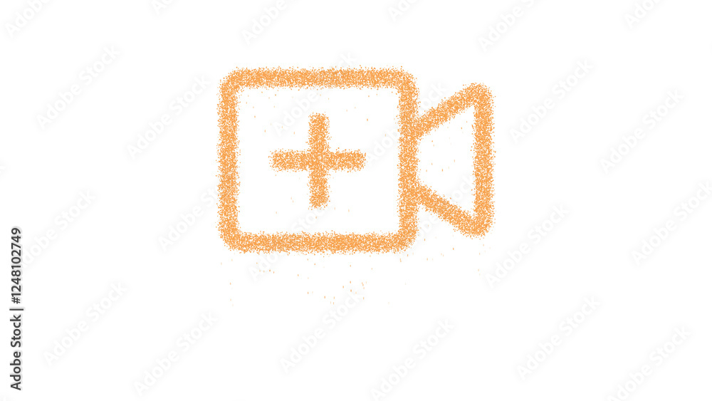 Icon video plus is made of yellow grains of sand. Some grains of sand fall down. Transparent background. Black