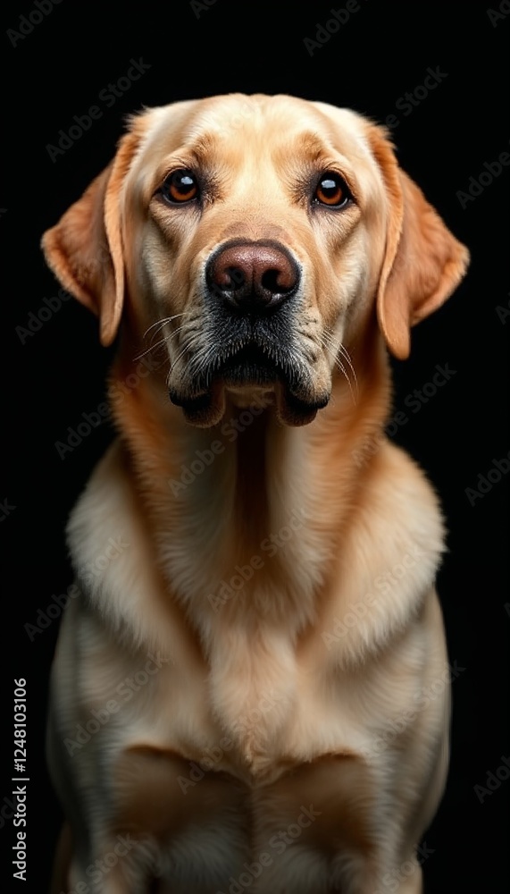 Labrador Retriever portrait in a dark background with a serious expression Labrador Retriever portrait in a dark background with a serious expression