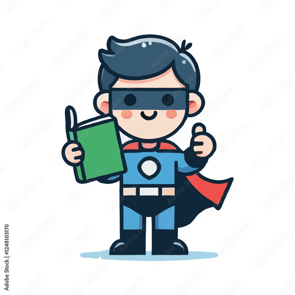 Smiling Superhero Boy Reading Book Illustration Smiling Superhero Boy Reading Book Illustration