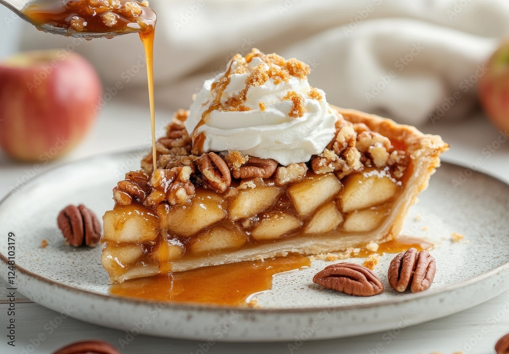Delicious caramel apple pie with whipped cream, pecans, and a drizzle of sweet syrup on a rustic plate, evoking warm autumn flavors and cozy gatherings.