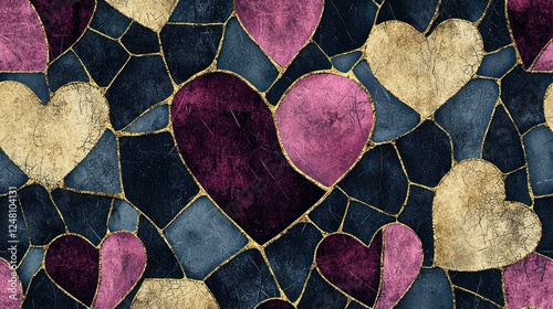 Colorful mosaic of hearts in various shades.