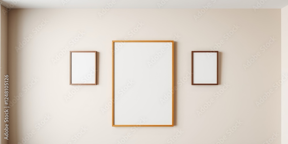 Three blank picture frames on a light beige wall, ready for your artwork Three blank picture frames on a light beige wall, ready for your artwork