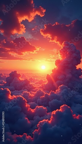 Fiery sunset cloudscape, vibrant hues overlay , clouds, beautiful