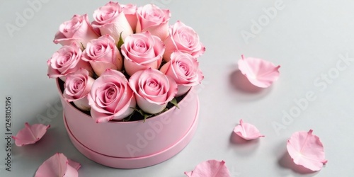 A delicate arrangement of pink roses nestled in a hatbox, adorned with scattered petals on a soft gray surface