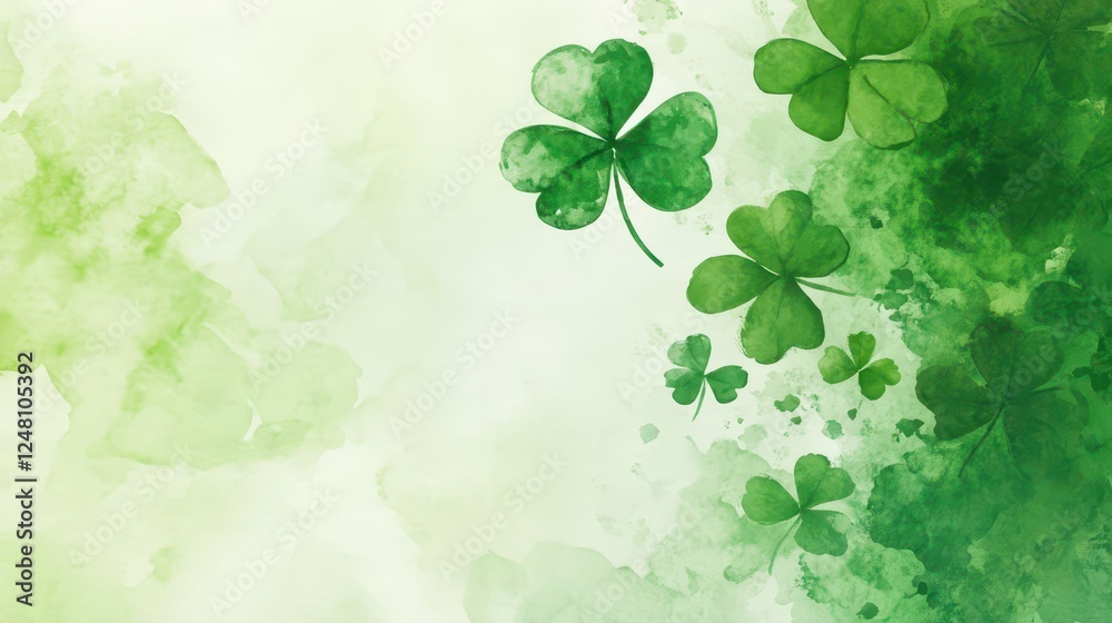 Fototapeta premium Saint patrick's day green clover design for festive celebrations. Horizontal banner. Copy space. Watercolor illustration