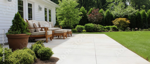 Outdoor seating area with elegant furniture surrounded by lush greenery in a residential garden
