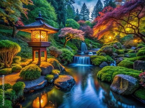 Seattle's Kubota Garden at night: lanterns illuminate a surreal, magical Japanese dreamscape. photo