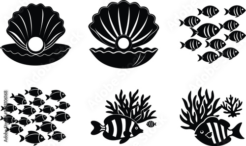 Ocean Life Shells, Pearls, Fish, and Coral Reef Icons