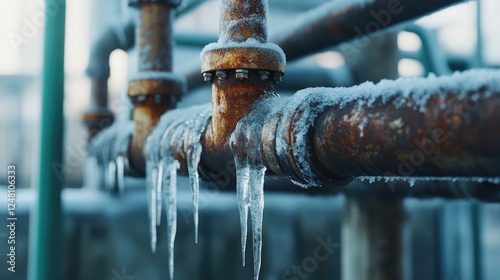 A close-up of frozen, corroded pipes leaking water in a cold industrial environment, symbolizing the effects of extreme weather on the stability of manufacturing systems. photo